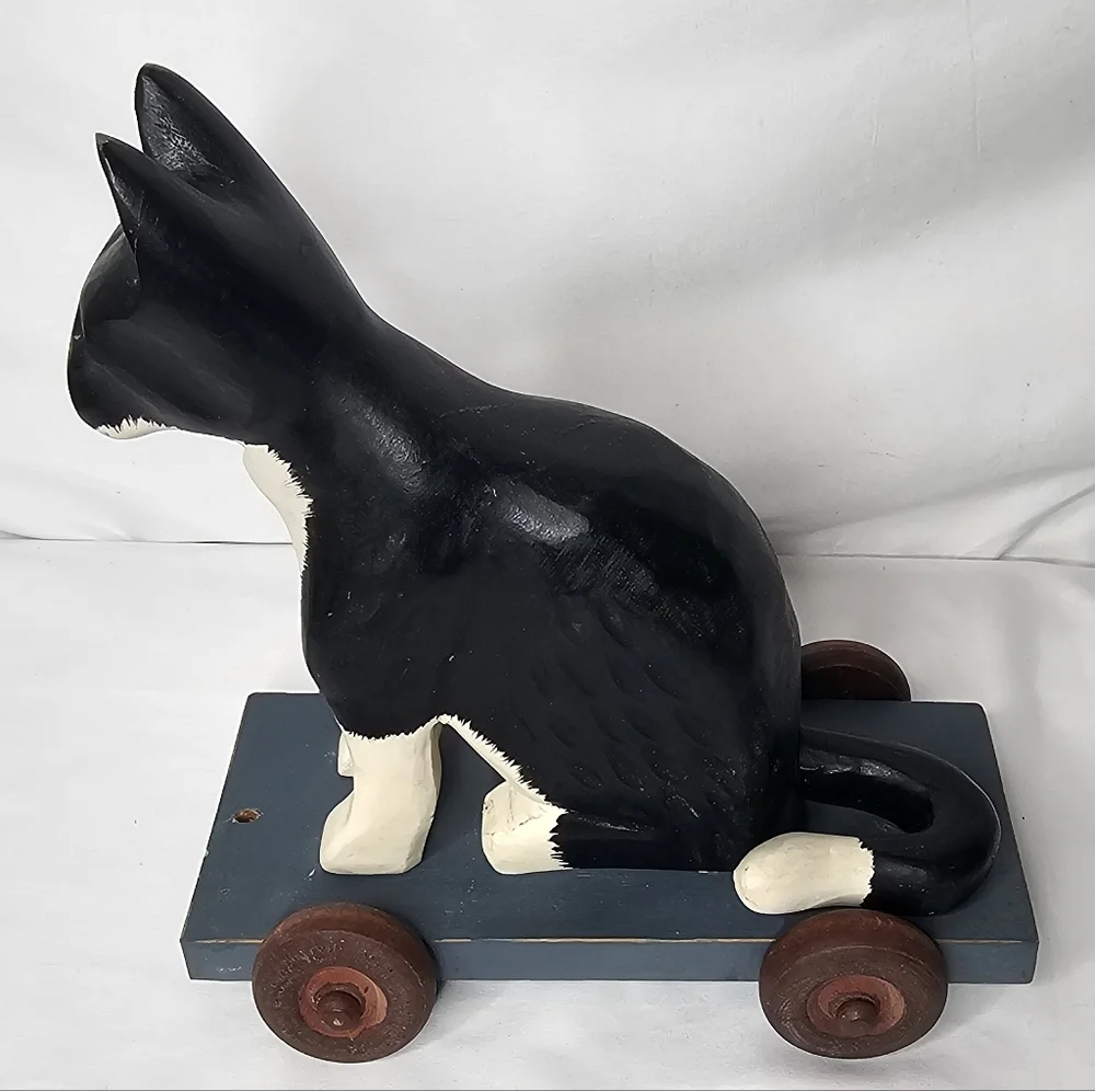 Vintage Hand Painted Wooden Tuxedo Cat Pull Toy Figurine on Wheels